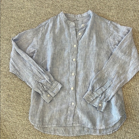 Muji Tops - Muji blue/wht strped linen blouse size M